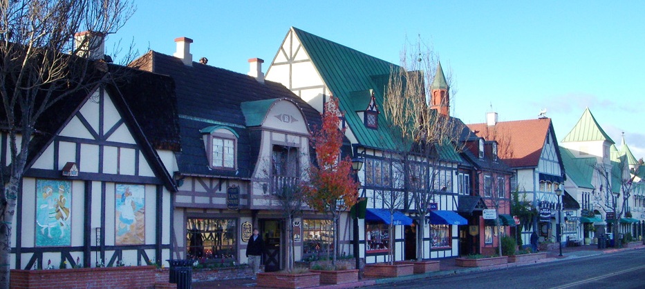 Solvang's half-timbered village street under a blue sky